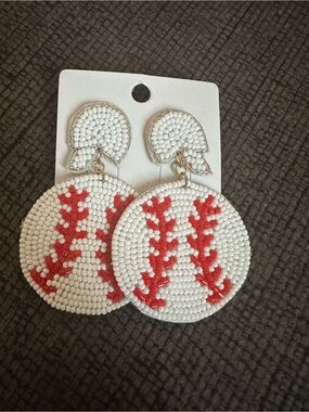 White and Red Beaded Baseball Earrings - Kids Accessories